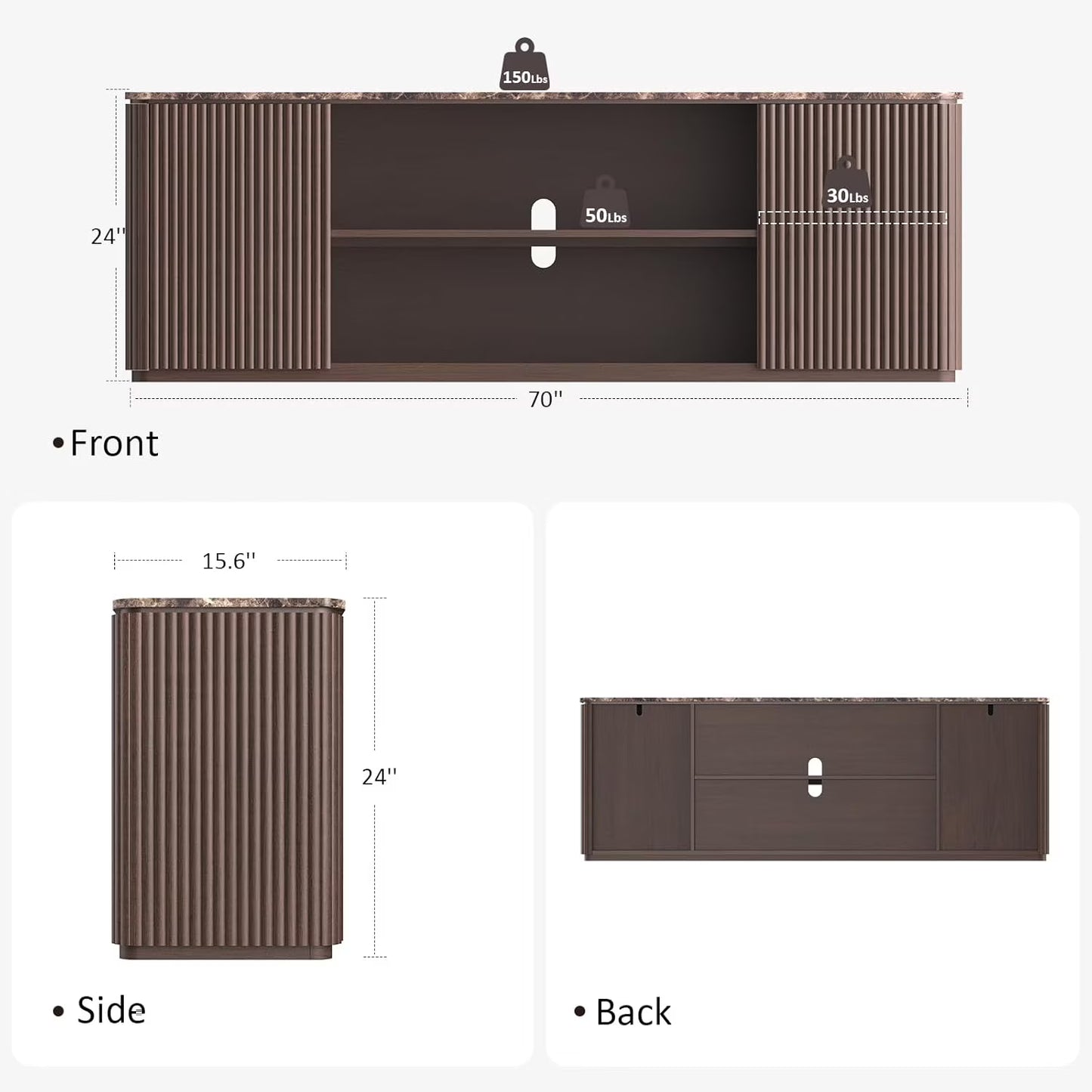 Hvoonc 70" Fluted TV Stand for 65-80" TVs, Faux Marble Top, Entertainment Center with Storage for Living Room, Walnut Brown