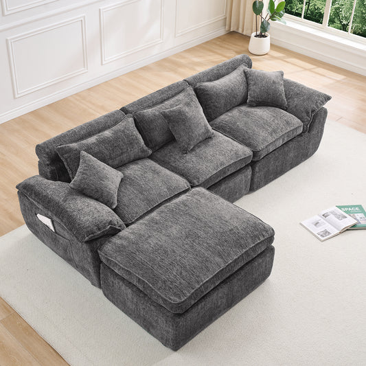 Hvoonc 110" Modular Sectional Sofa with Ottoman for Living Room, Boneless Cloud Chenille Couch in a Box with 23.6" Deep Seat, Dark Gray