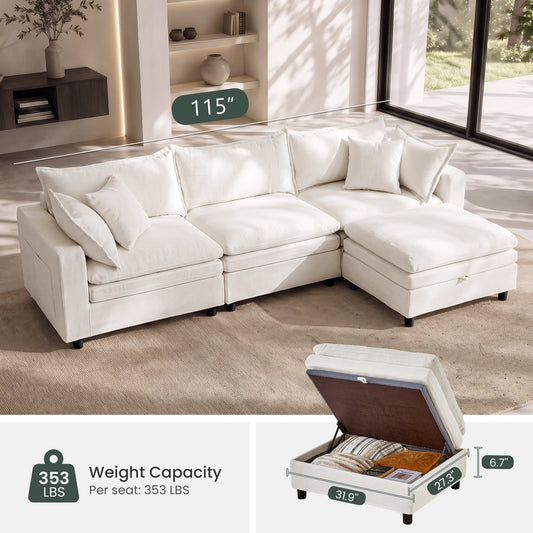 Hvoonc 115" Down-Filled Modular Sofa for Living Room, 3 Seater Couch with Storage Ottoman, Washable Covers, Tool-Free Assembly, Beige