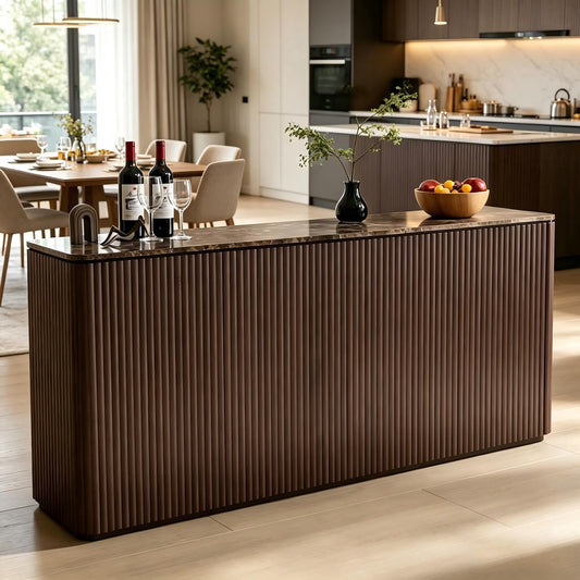 Hvoonc 65.5"W Fluted Sideboard Buffet Cabinet with Storage, Faux Marble Top, 4 Push-to-Open Doors, Modern Credenza Cabinet for Dining Room, Walnut Brown