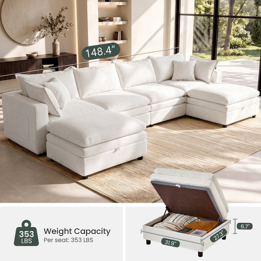 Hvoonc 148.4" Down-Filled Modular Sectional Sofa for Living Room, U Shaped Couch with 2 Storage Ottomans, Washable Covers, Tool-Free Assembly, Beige