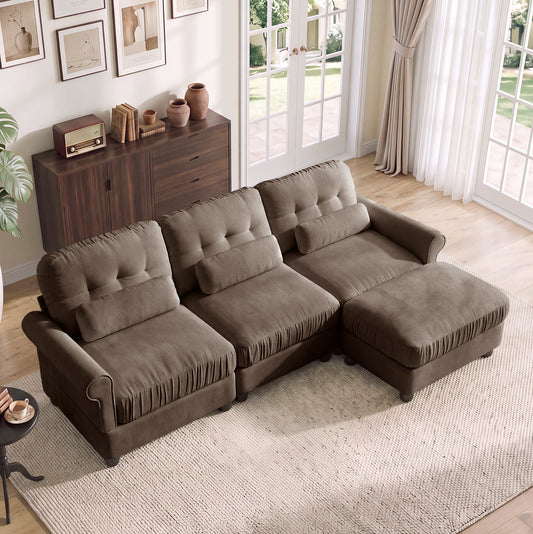 Hvoonc 98" Modular Sectional Sofa for Living Room, L Shaped Couch with Ottoman Chaise, Chenille Upholstery, Brown