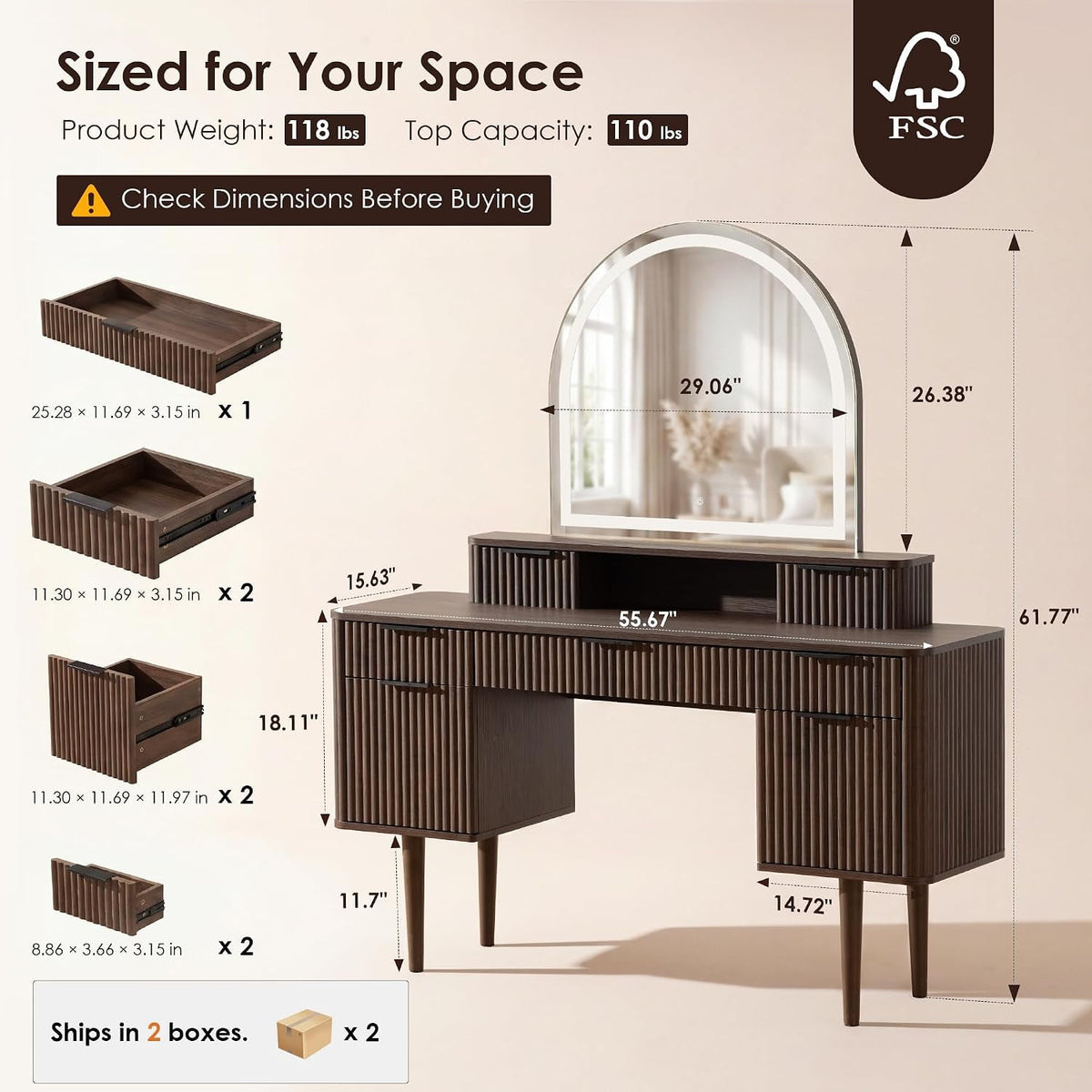 Hvoonc Makeup Vanity Desk with Mirror and Lights, 55.7” Large Fluted Dressing Table with 7 Drawers Storage for Bedroom, Walnut Brown