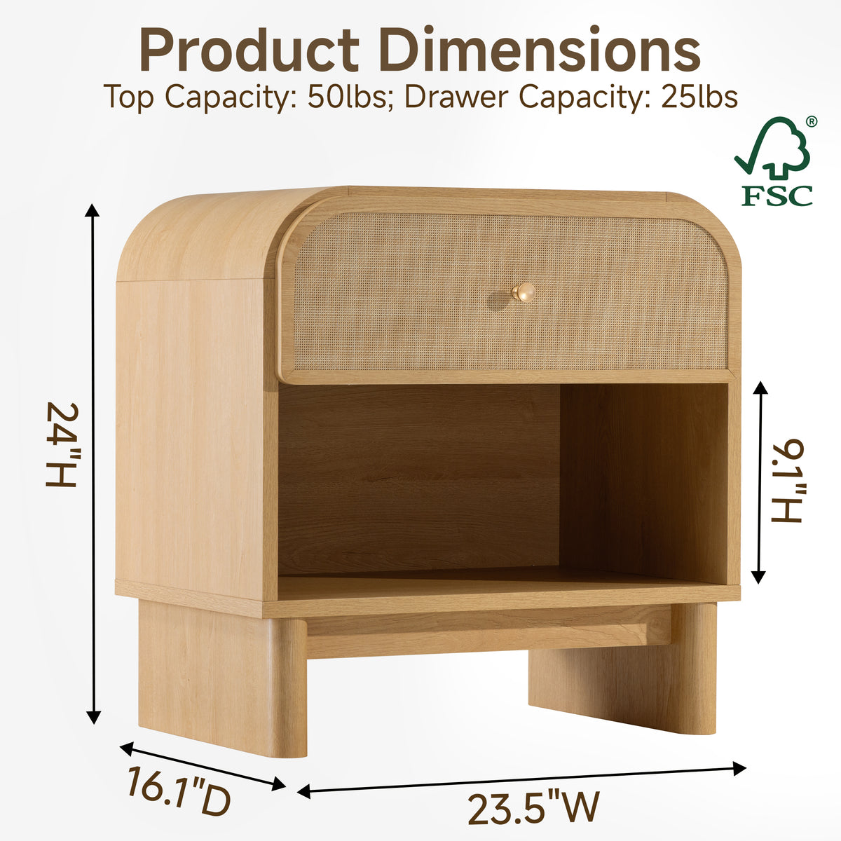 Hvoonc Rattan Nightstand with Open Shelf, Rounded Corner Bedside Tables with Drawer Storage, Modern End Tables for Bedroom, Natural Oak