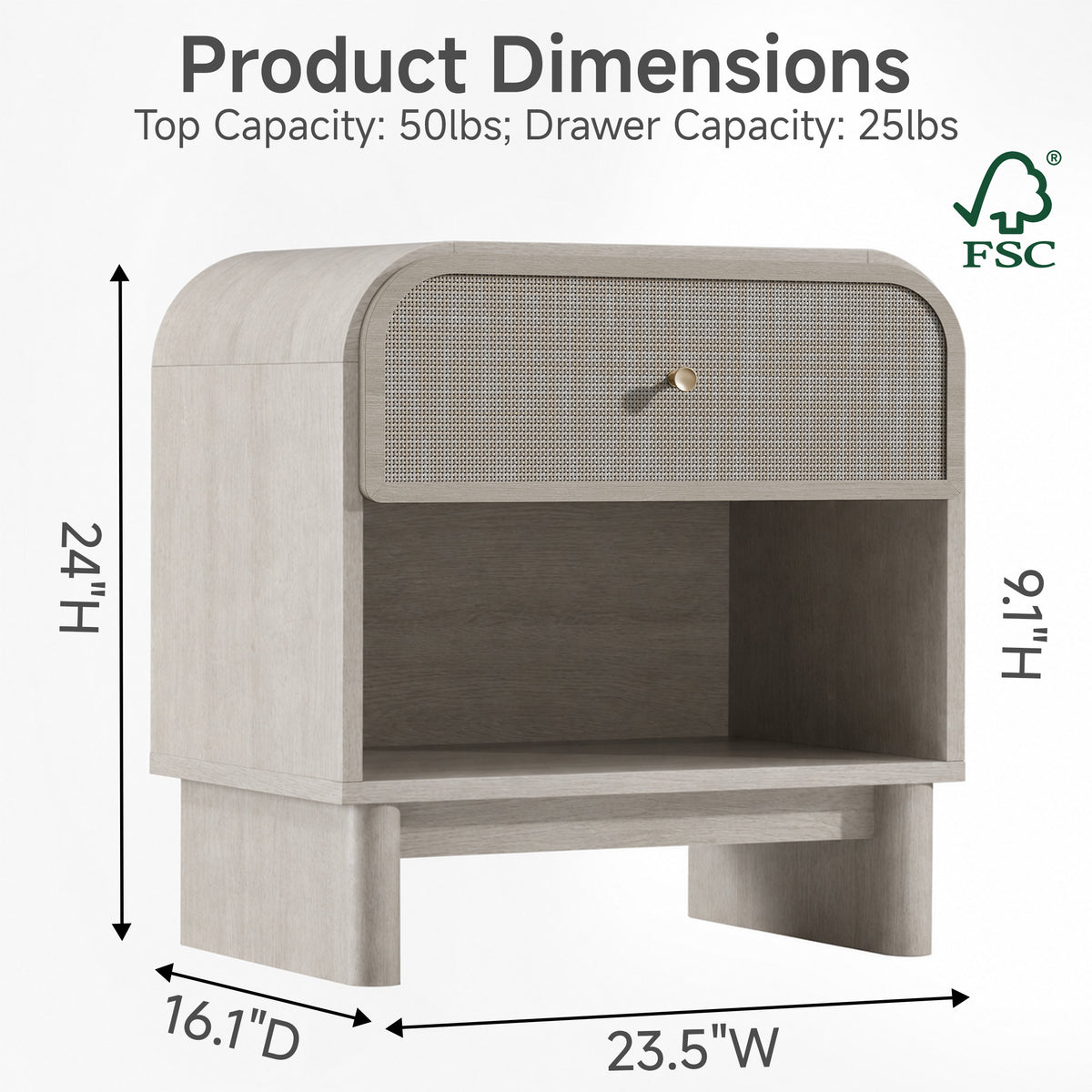 Hvoonc Nightstands Set of 2 with 1 Drawer and Open Shelf, Rounded Corner Rattan Bedside Tables with Storage, Modern End Tables for Bedroom, Gray Oak