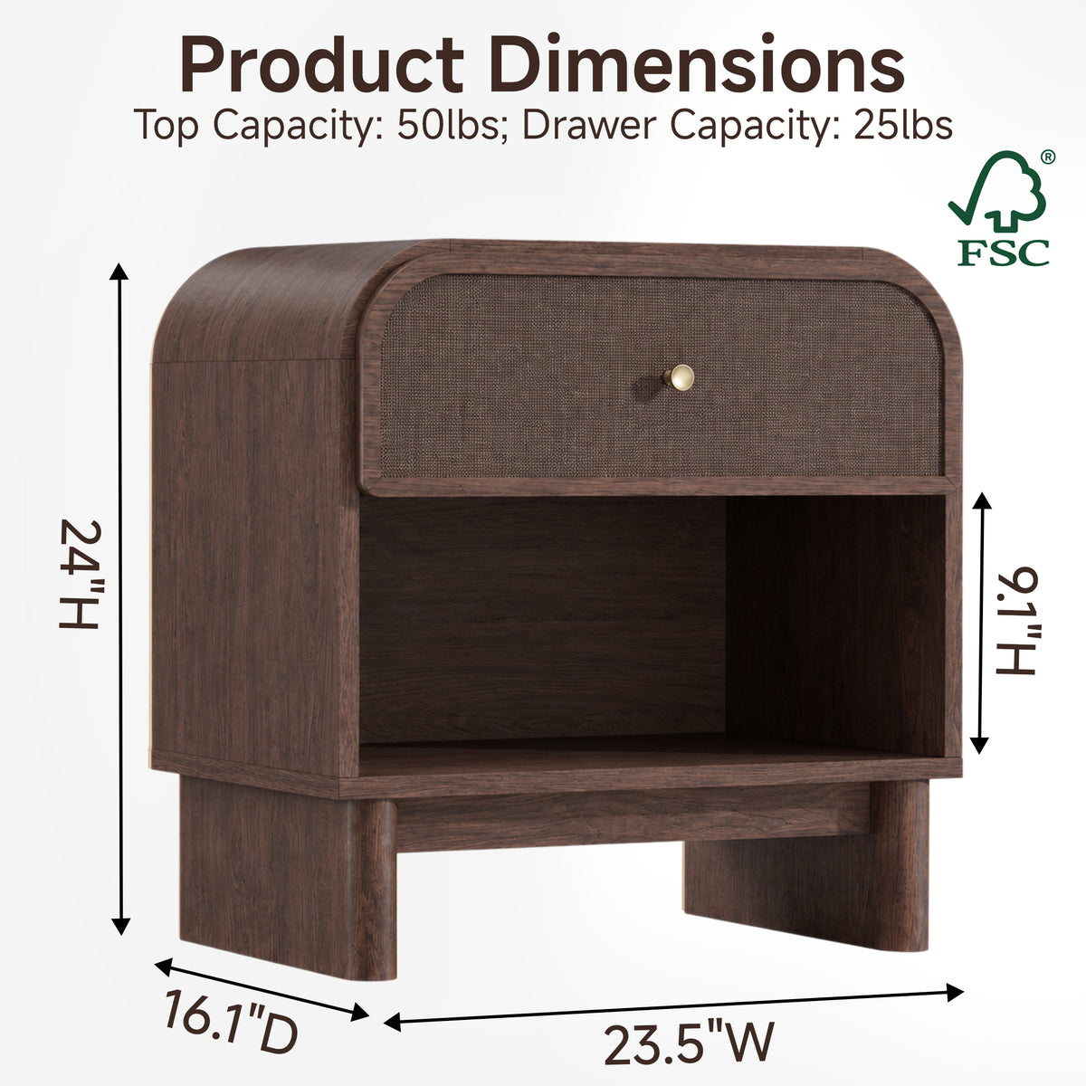 Hvoonc Nightstands Set of 2 with 1 Drawer and Open Shelf, Rounded Corner Rattan Bedside Tables with Storage, Modern End Tables for Bedroom, Dark Oak