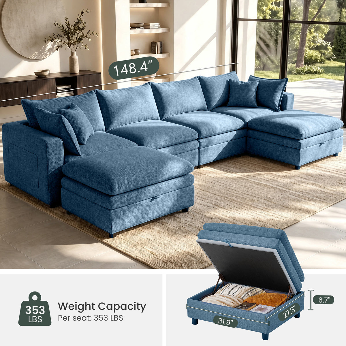 Hvoonc 148.4" Down-Filled Modular Sectional Sofa for Living Room, U Shaped Couch with 2 Storage Ottomans, Washable Covers, Tool-Free Assembly, Navy Blue