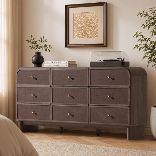 Hvoonc Modern Rattan 9 Drawer Dresser, 63.2" Wide Curved Chest of Drawers for Bedroom with Large Rounded Corners, Dark Oak