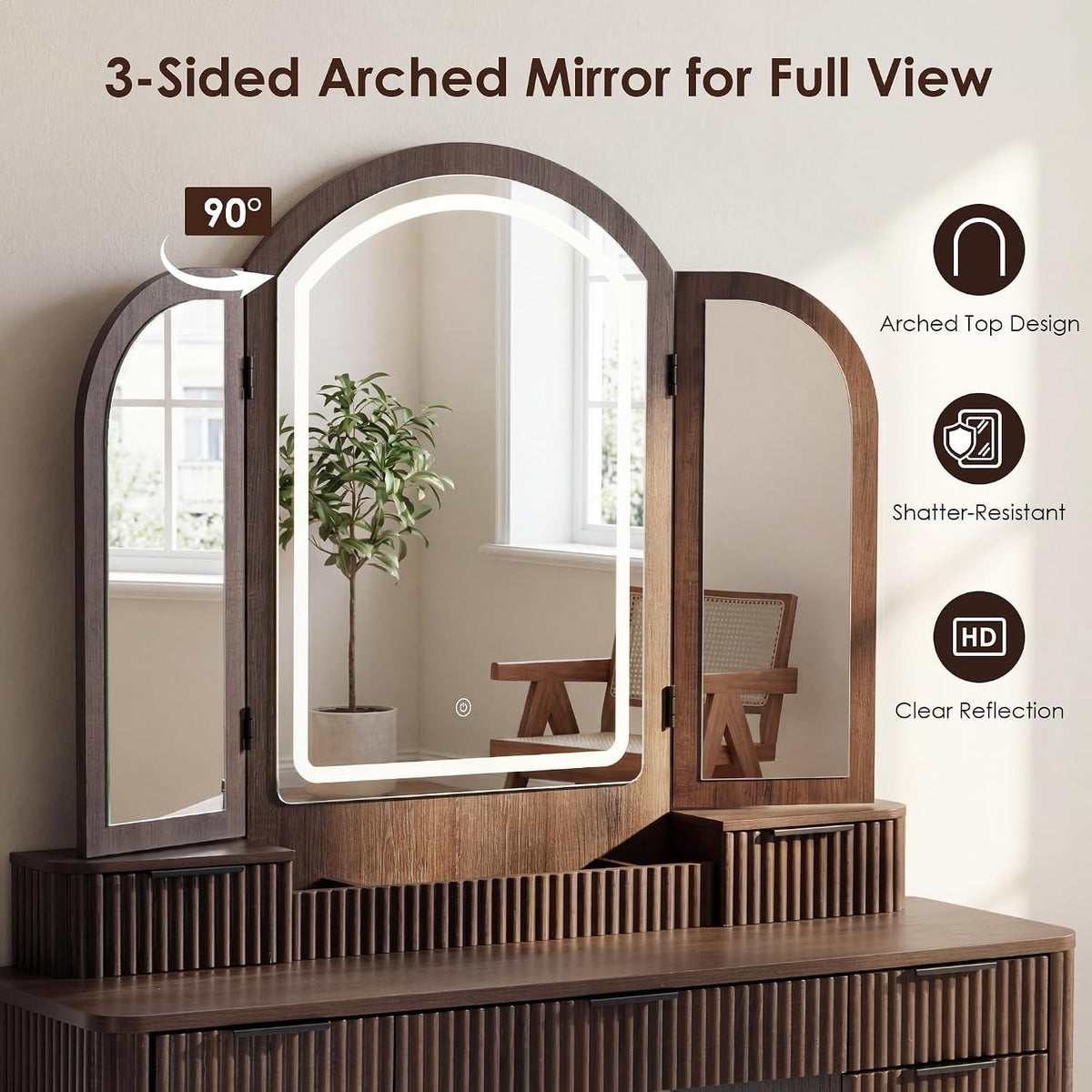 Hvoonc Vanity Desk with Trifold Mirrors and Lights, Fluted Makeup Vanity Table with 9 Drawers, Large Arched LED Mirror, Dressing Table with Storage for Bedroom, Walnut Brown
