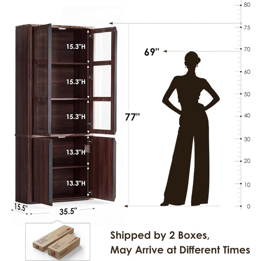 Hvoonc 77" Tall Fluted Accent Storage Cabinet with Glass Doors and Shelves, Kitchen Pantry Cabinet Organizer, Natural Oak