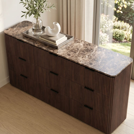 Hvoonc 63" Wide 9 Drawer Large Dresser, FSC-certified Wood, Walnut Bedroom Storage Cabinet with Faux Marble Top
