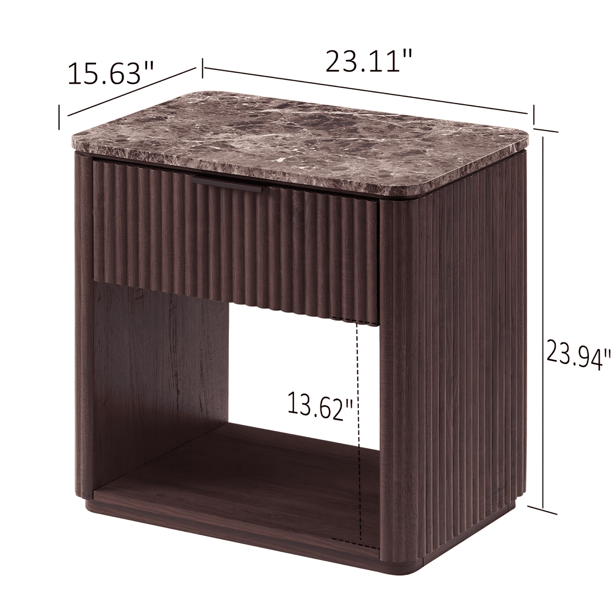 Hvoonc Fluted Wood Nightstands Set of 2, Faux Marble Top Bedside Tables with Drawer Storage for Bedroom, Walnut Brown
