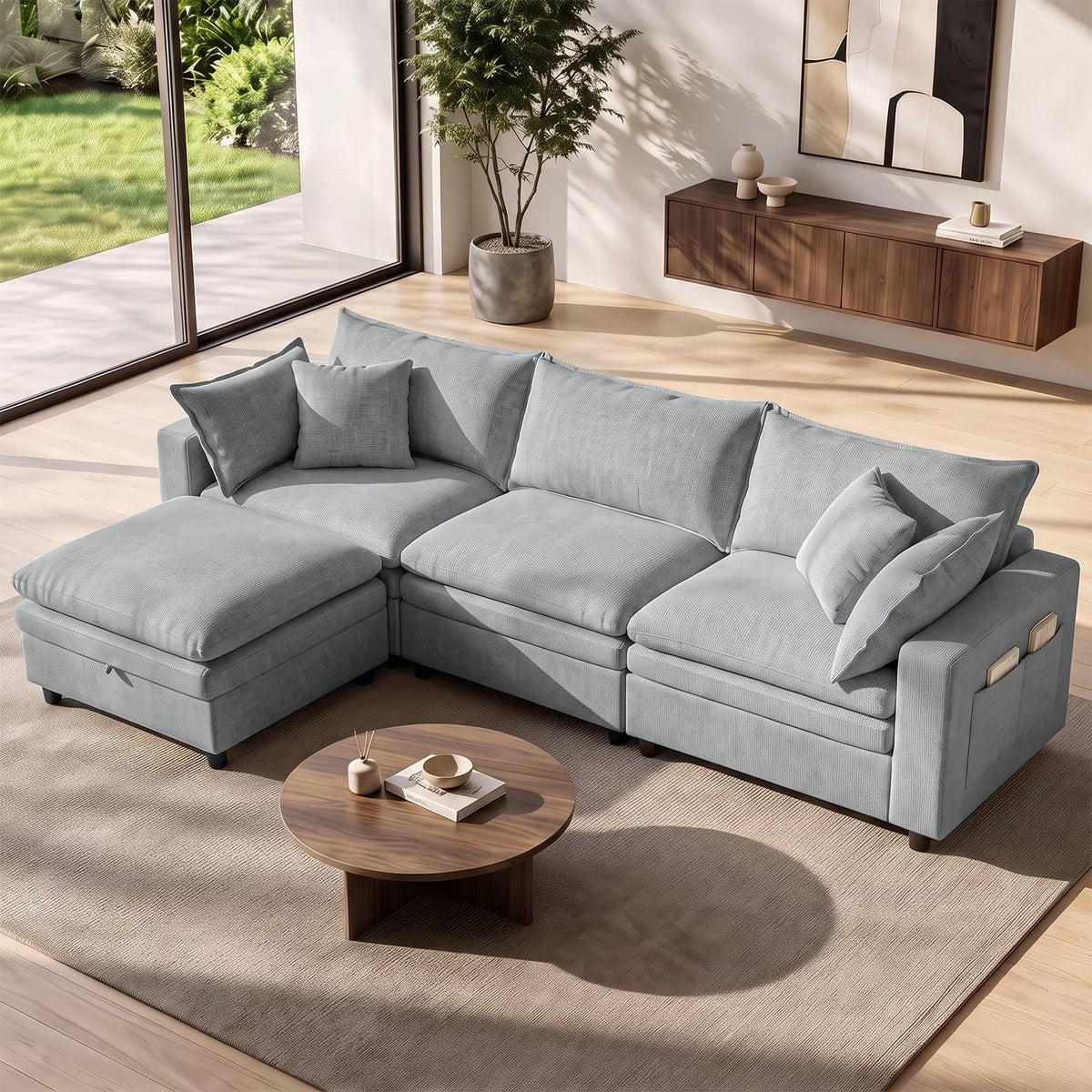 Hvoonc 115" Down-Filled Modular Sofa for Living Room, 3 Seater Couch with Storage Ottoman, Washable Covers, Tool-Free Assembly, Light Gray