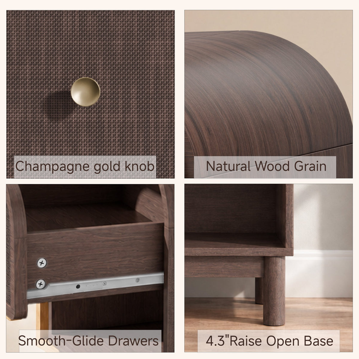 Hvoonc Rattan Nightstand with 2 Drawers, Large Rounded Corner Bedside Table with Storage, Modern End Table for Bedroom, Dark Oak Wood Finish
