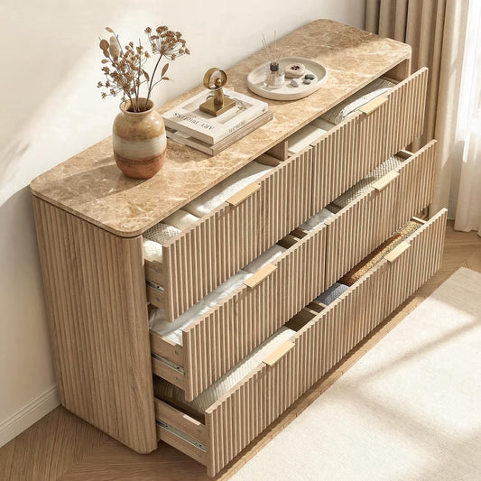 Hvoonc 54.5" Wide 6 Drawer Dresser for Bedroom with Faux Marble Top, Modern Curved-Corner Fluted Oak Storage Cabinet. Natural Oak