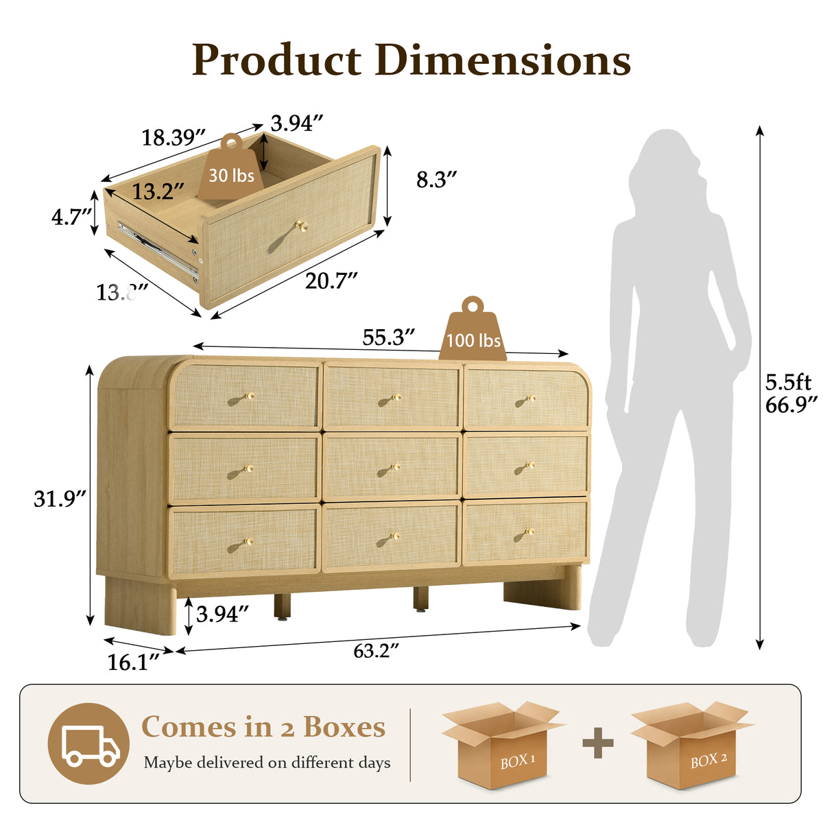 Hvoonc Modern Rattan 9 Drawer Dresser, 63.2" Wide Curved Chest of Drawers for Bedroom with Large Rounded Corners, Natural Oak
