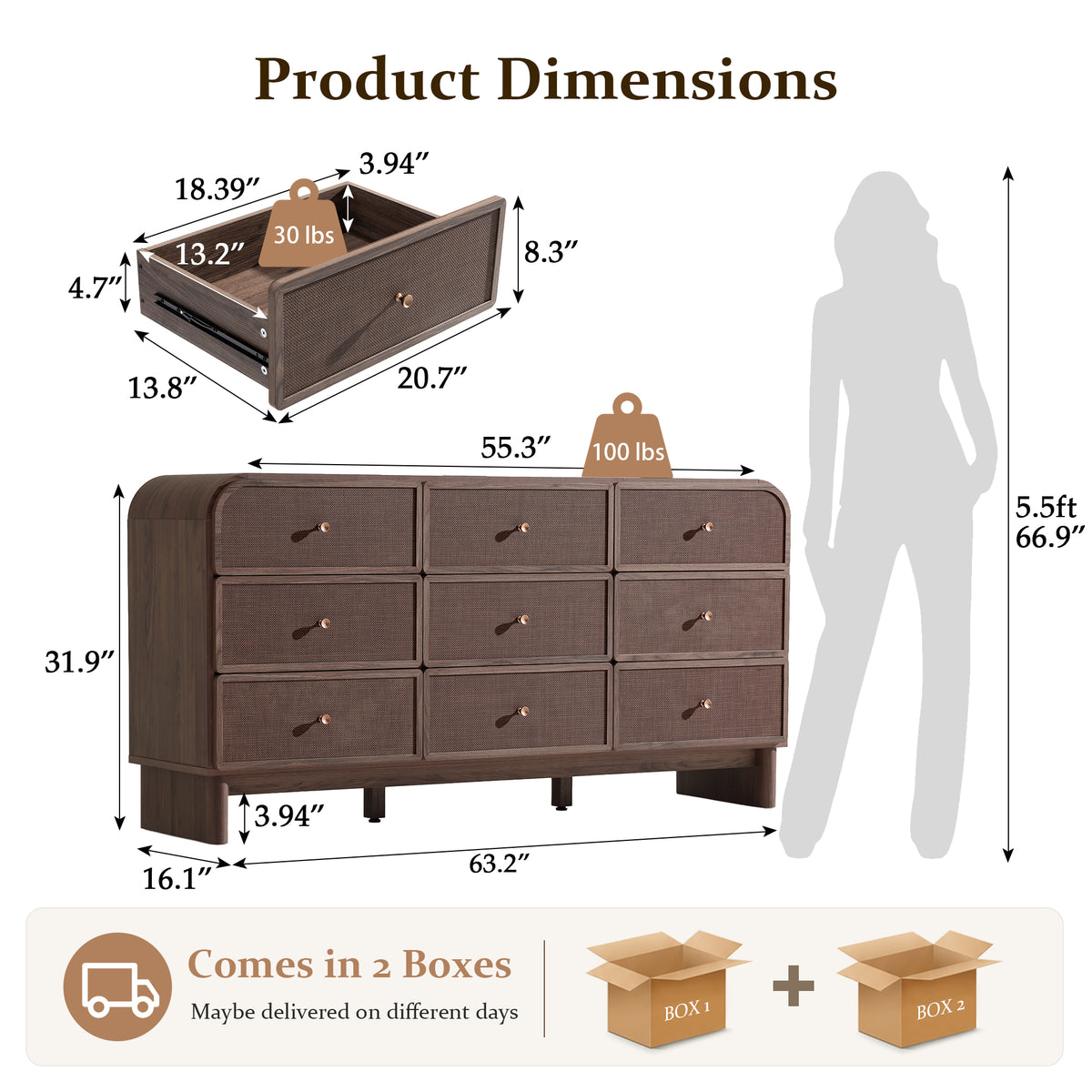 Hvoonc Modern Rattan 9 Drawer Dresser, 63.2" Wide Curved Chest of Drawers for Bedroom with Large Rounded Corners, Dark Oak