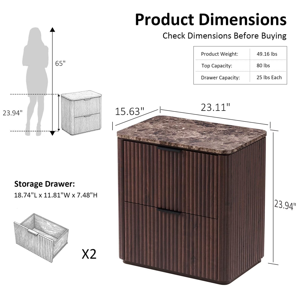 Hvoonc 2 Drawer Nightstands Set of 2, Faux Marble Top, Fluted Bedside Tables with Storage, FSC Certified Wood, Walnut Brown