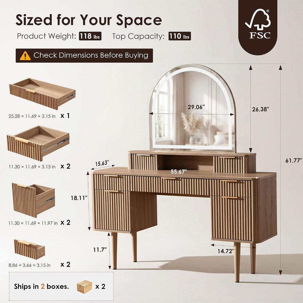 Hvoonc Vanity Desk with Mirror and Lights, Fluted Makeup Vanity Table with 7 Drawers, Large Arched LED Mirror, Dressing Table with Storage for Bedroom, Natural Oak