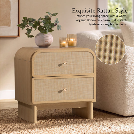 Hvoonc Nightstands Set of 2 with 2 Drawers, Large Rounded Rattan Bedside Tables with Storage, Modern End Tables for Bedroom, Natrual Oak Wood Finish