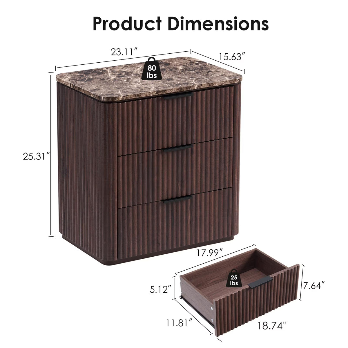 Hvoonc 3 Drawer Nightstands Set of 2, Fluted Bedside Tables with Faux Marble Top, Large Capacity Storage, Walnut Brown