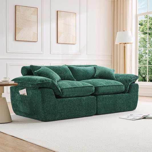 Hvoonc 83" Modular Loveseat Couch for Living Room, Boneless Chenille Cloud Sofa in a Box with 23.6" Deep Seat, Dark Green