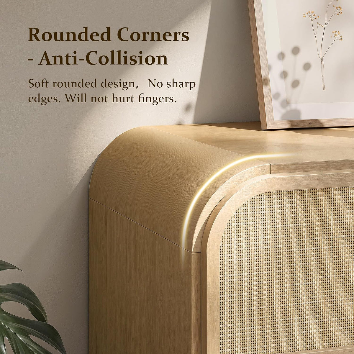 Hvoonc Modern Rattan 6 Drawer Dresser, 55.1" Wide Curved Chest of Drawers for Bedroom with Large Rounded Corners, Natural Oak