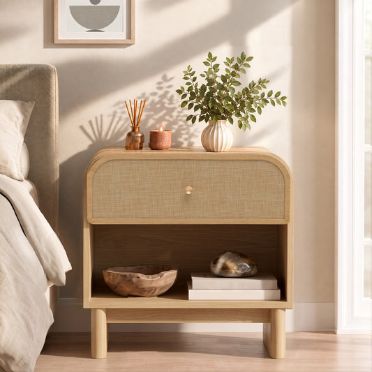 Hvoonc Nightstands Set of 2 with 1 Drawer and Open Shelf, Rounded Corner Rattan Bedside Tables with Storage, Modern End Tables for Bedroom, Natural Oak