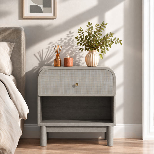 Hvoonc Rattan Nightstand with Open Shelf, Rounded Corner Bedside Tables with Drawer Storage, Modern End Tables for Bedroom, Gray Oak