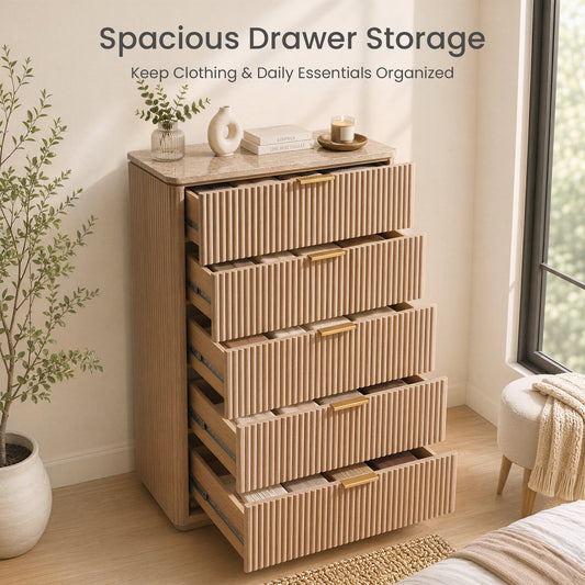Hvoonc 5 Drawer Tall Dresser with Faux Marble Top, Fluted Wooden Chest of Drawers for Bedroom Small Spaces, Natural Oak