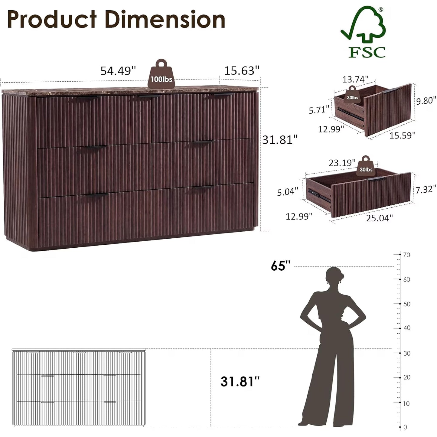 Hvoonc 54.5" Wide 7 Drawer Dresser for Bedroom, Faux Marble Top Storage Cabinet with 2" Thick Side Board, Walnut Brown
