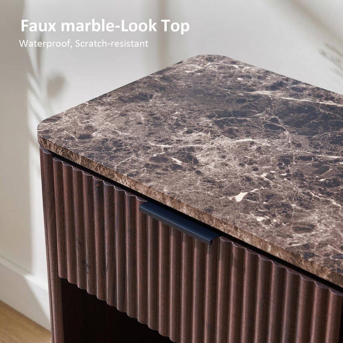 Hvoonc Fluted Nightstand Set of 2, 24" Tall Faux Marble Top Bedside Tables with Drawer, Rounded Corner Design, Walnut Brown