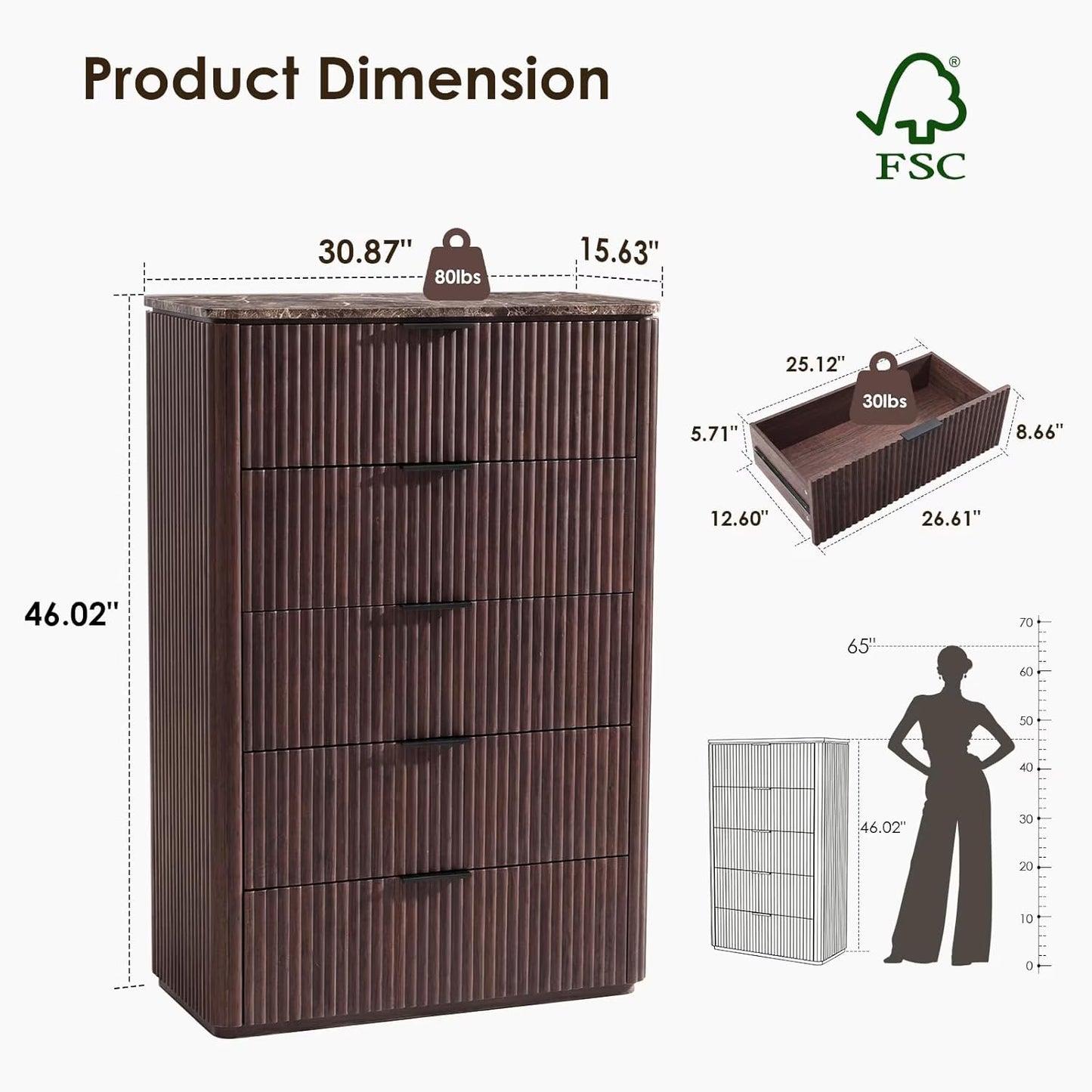 Hvoonc 5 Drawer Dressers for Bedroom, 46" Tall Chest of Drawers with Faux Marble Top for Living Room Storage, Walnut Brown