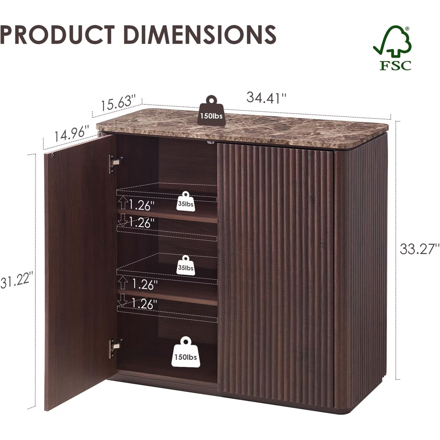 34"W Fluted Sideboard Buffet Cabinet, 2 Push-to-Open Doors, Walnut Brown
