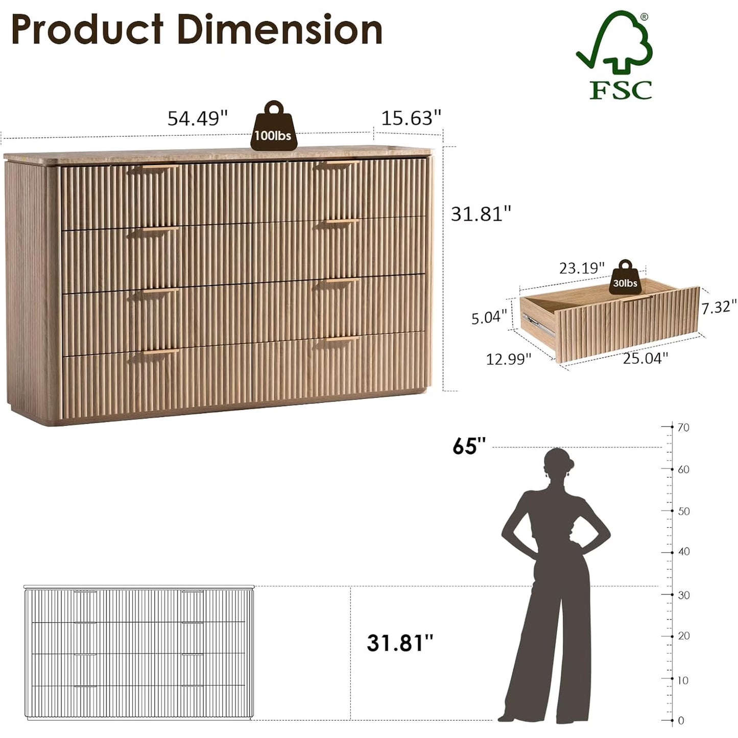 Hvoonc 8 Drawer Dresser for Bedroom with Faux Marble Top, 54.5" W Modern Oak Fluted Wood Bedroom Storage Cabinet