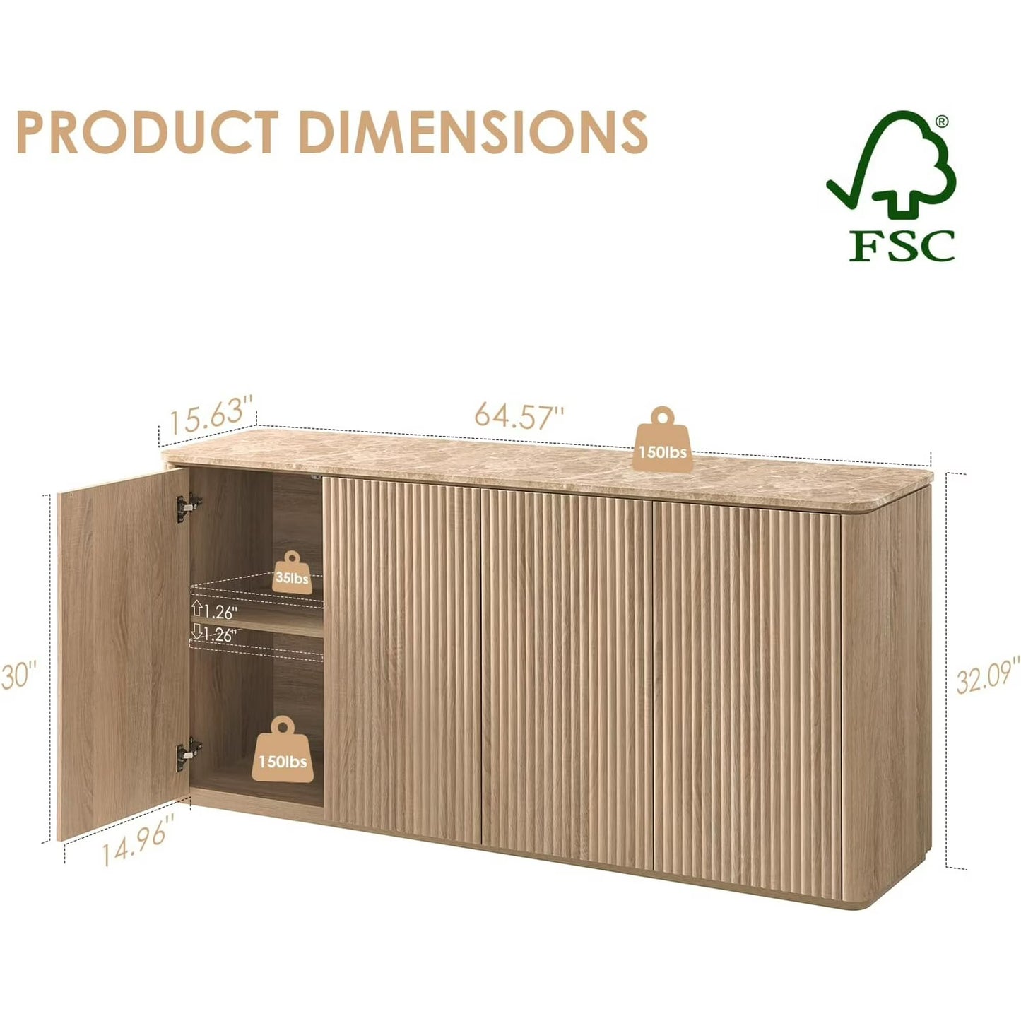 65.5"W Fluted Sideboard Buffet Cabinet with Storage, 4 Push-to-Open Doors,Natural Oak