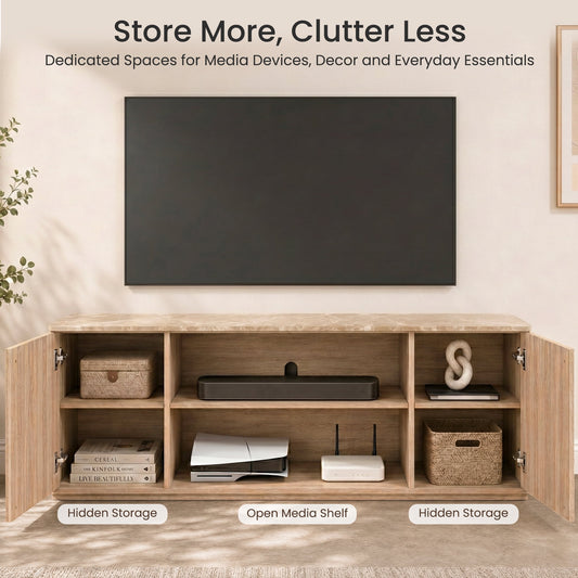 Hvoonc 70" Fluted TV Stands for Living Room with Storage, Faux Marble Top, Modern Wood Television Console for 65-80" TVs, Large Entertainment Center, Natural Oak
