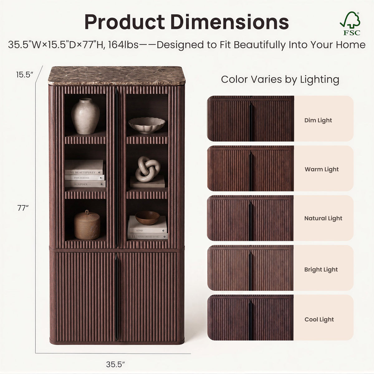 Hvoonc Set of 2 77" Tall Fluted Accent Storage Cabinet with Doors and Shelves, Kitchen Pantry Cabinet Display Glass for Dining Room Home Office, Walnut Brown