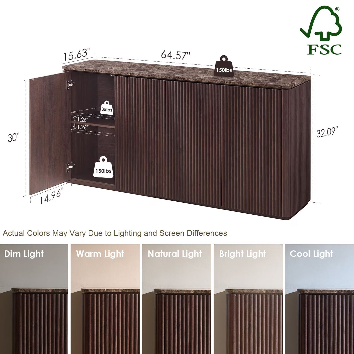65.5"W Fluted Sideboard Buffet Cabinet with Storage, 4 Push-to-Open Doors, Walnut Brown