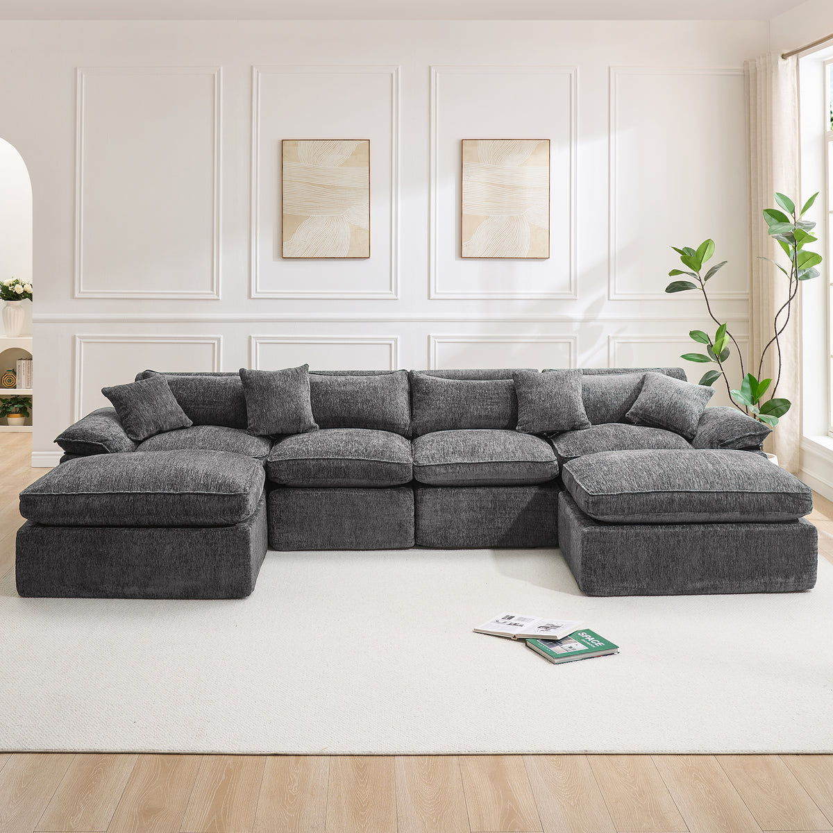 Hvoonc 137.5" Modular Sectional Couches for Living Room, Boneless Cloud Chenille Couch in a Box with 23.6" Deep Seats & Ottomans, Dark Gray