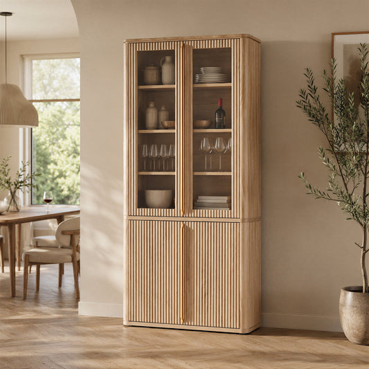 Hvoonc 77" Tall Fluted Accent Storage Cabinet with Glass Doors and Shelves, Kitchen Pantry Cabinet Organizer, Natural Oak