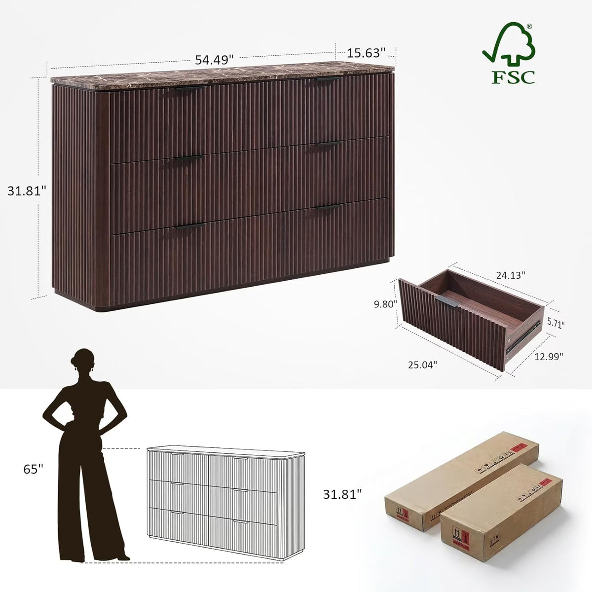 Hvoonc 54.5" Wide 6 Drawer Bedroom Dresser with Faux Marble Top, Modern Walnut Fluted Chest of Drawers for Storagewers for Storage