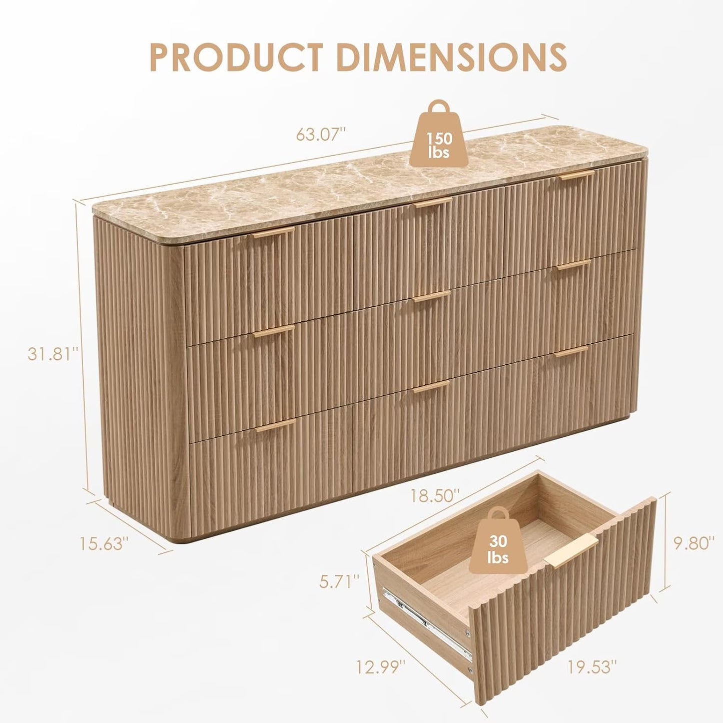 Hvoonc 63" Wide 9 Drawer Dresser with Faux Marble Top and 2" Thick Side Board, Large Oak Storage Cabinet for Bedroom Living Room