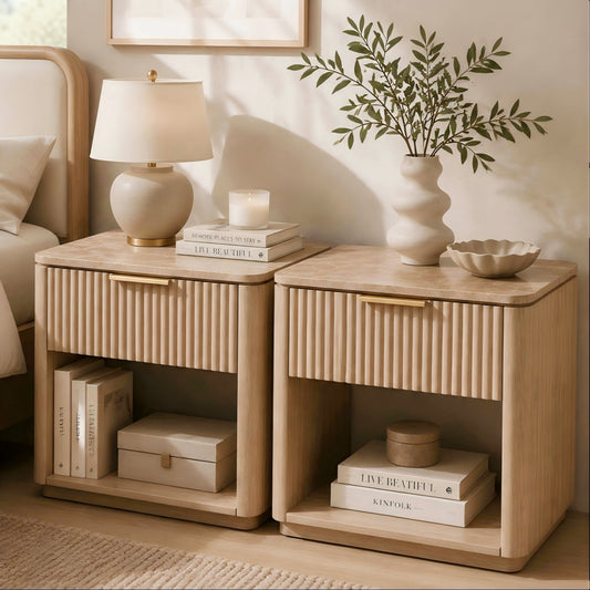 Hvoonc Fluted Wood Nightstands Set of 2, Faux Marble Top Bedside Tables with Drawer Storage for Bedroom, Natural Oak