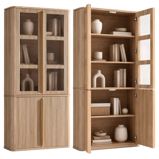 Hvoonc Set of 2 77" Tall Fluted Accent Storage Cabinet with Glass Doors and Shelves, Kitchen Pantry Cabinet Organizer, Natural Oak