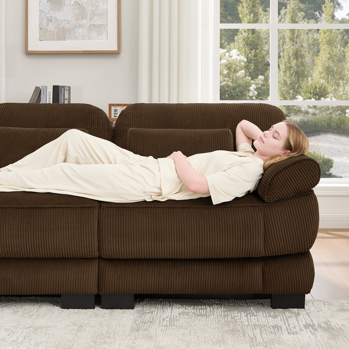 Hvoonc 132.3" Oversized Modular Sectional Sofa for Living Room, 24" Deep Seating, Pocket Spring Cushions, Pet-Friendly Corduroy Fabric, Brown