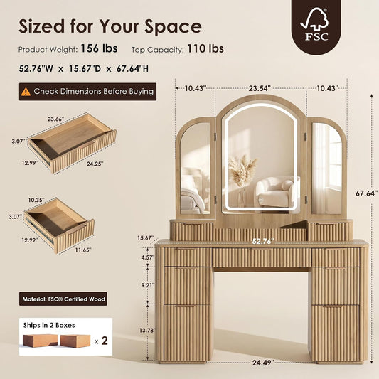 Hvoonc Vanity Desk with Trifold Mirrors and Lights, Fluted Makeup Vanity Table with 9 Drawers, Large Arched LED Mirror, Dressing Table with Storage for Bedroom, Natural Oak