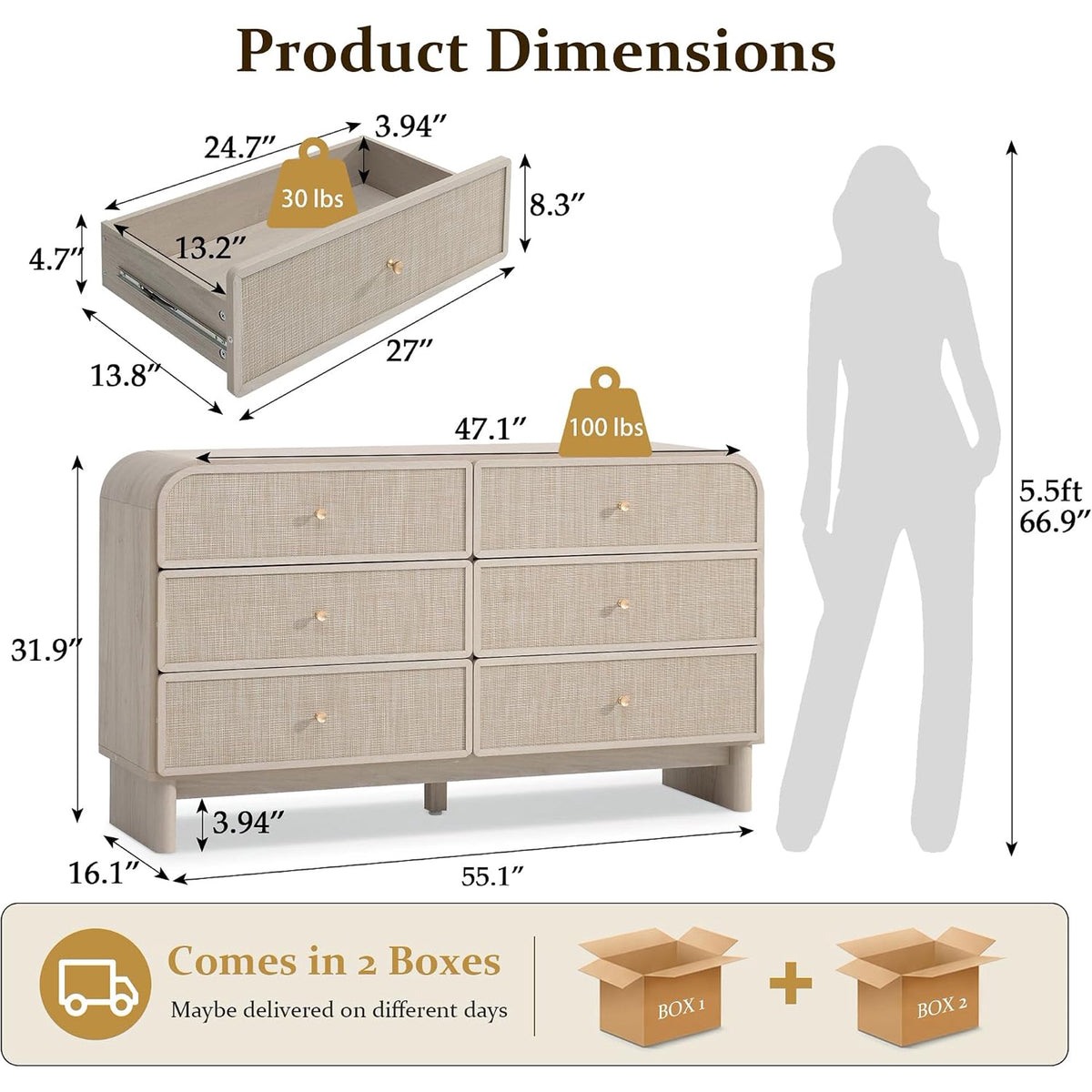 Hvoonc Modern Rattan 6 Drawer Dresser, 55.1" Wide Curved Chest of Drawers for Bedroom with Large Rounded Corners, Gray Oak