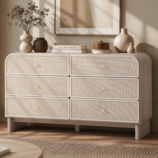 Hvoonc Modern Rattan 6 Drawer Dresser, 55.1" Wide Curved Chest of Drawers for Bedroom with Large Rounded Corners, Gray Oak