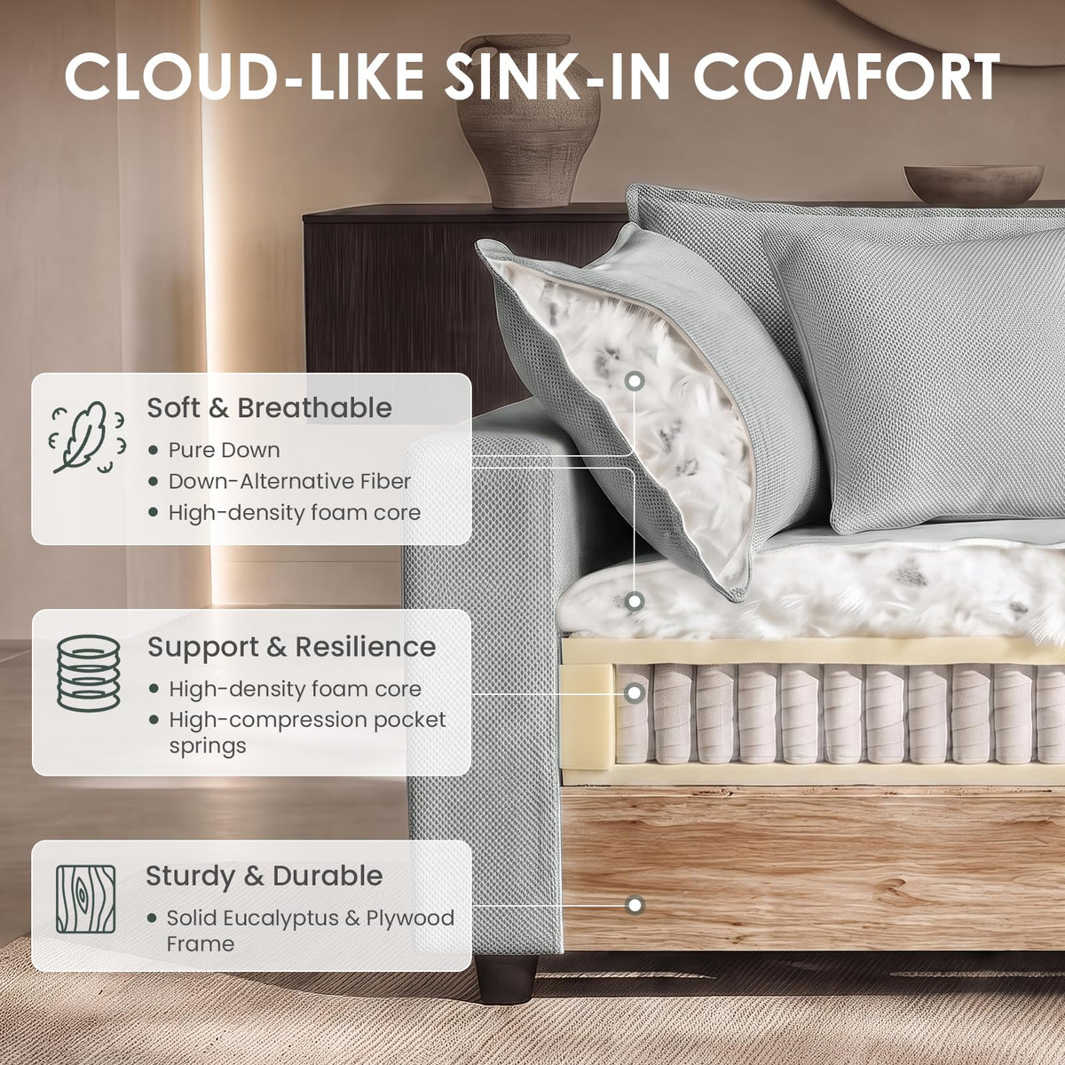 Hvoonc Oversized Down-Filled Modular Sectional Sofa for Living Room, 6-Seater Couch with 2 Storage Ottomans, Washable Covers, Tool-Free Assembly, Light Gray